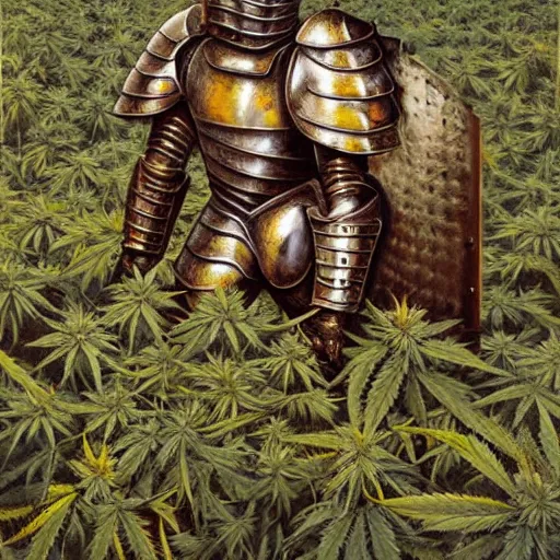 Image similar to a high detailed oil painting of a full armored knight squatting in a field of cannabis plants