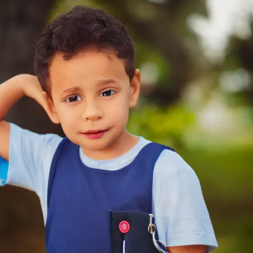 Prompt: kid character. egg shaped head. wide eyes. narrow nose. brown short hair. light skin. frackles.small ears. blue shirt with pocket. brown pants. carrying school bag.