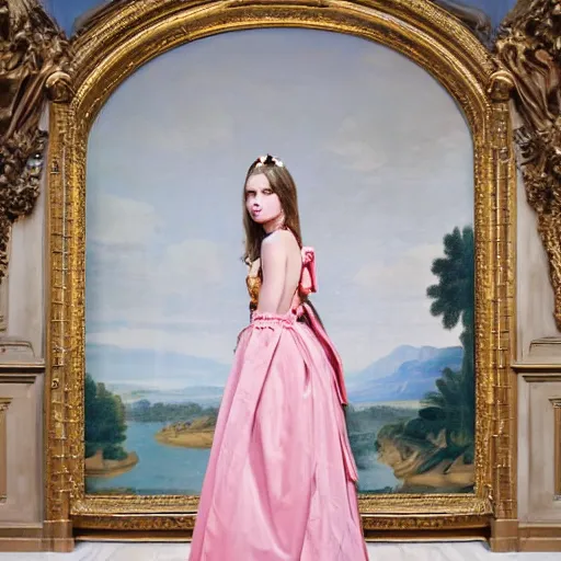 Prompt: Young lady full length shot wearing valentino resort sleeveless dress pink flowers in the style of baroque realism standing inside lourve, 8K, background renaissance paintings with gold