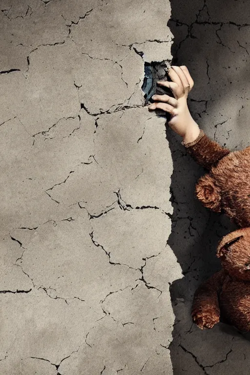 Image similar to giant crack hole on the brick concrete wall, child with dirty face watching from inside the crack reaching towards camera hand is holding a dirty ealistic teddybear. gloomy, intricate, elegant, highly detailed, digital painting, artstation, concept art, addiction, chains, smooth, sharp focus, illustration, art by ilja repin