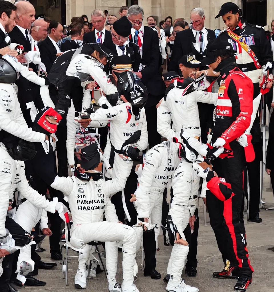 Prompt: A portrait of Lewis Hamilton in his racing uniform being knighted by the queen by Banksy