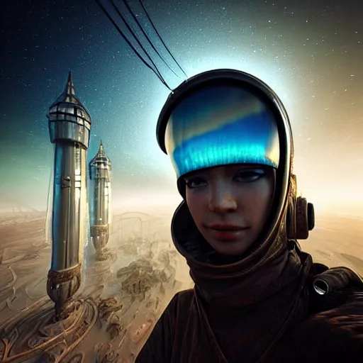 Prompt: Сyberpunk style selfie in a crowded city on another planet, Neo Norilsk, sci-fi, fantasy, intricate, very very beautiful, elegant, highly detailed, smooth, Unreal Engine 5, sharp focus, by Evgeny Zubkov, by Marat Zakirov, trending on Behance