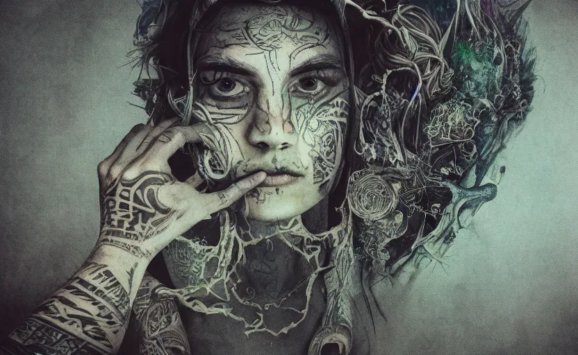 Prompt: hyperrealistic hyper detailed neo-surreal close-up 35mm portrait of levitating psychedelic shaman covered in geometric tattoos rococo matte painting concept art high saturation very dramatic lighting low angle hd 8k sharp shallow depth of field