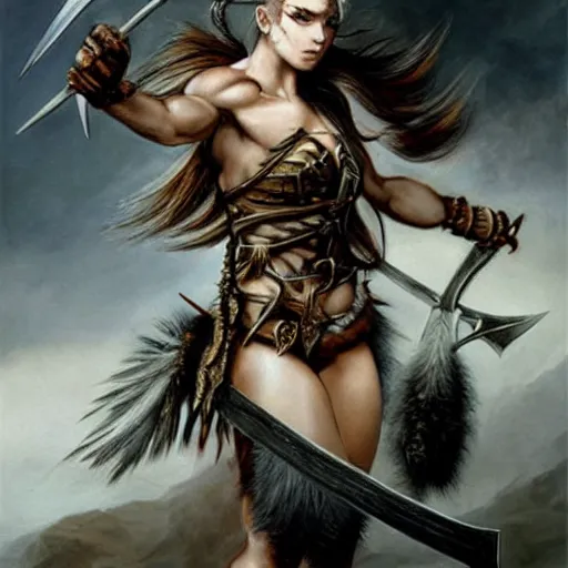 Prompt: realistic art style, warrior girl, muscular girl, wild spiky black hair, long spiky hair, electrified hair, holding scimitar made of bone, scimitar, sword, jagged sword, curved sword, orkish sword, colorized, gray skin, hyper - detailed, primeval fantasy, prehistoric fantasy, art by jacques - louis david