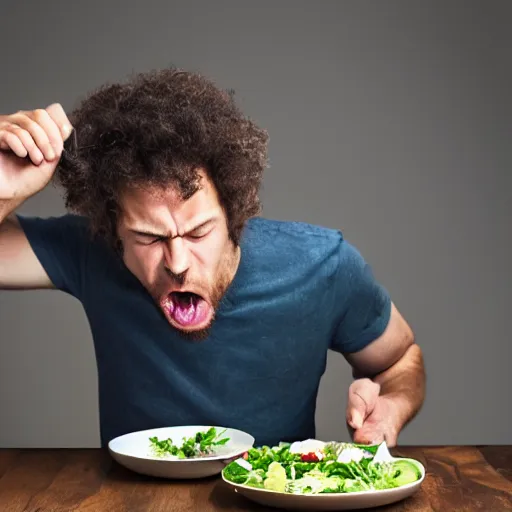 Image similar to man angrily eating salad, studio photography