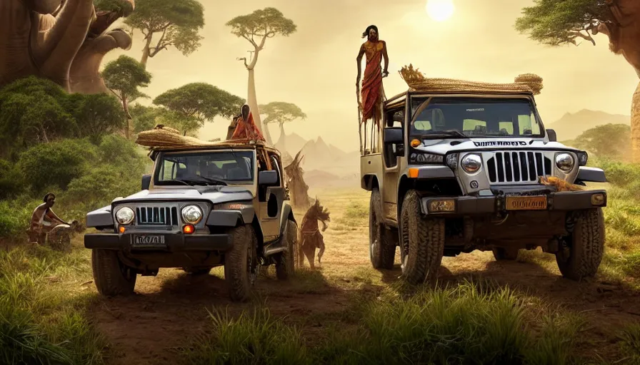 Prompt: mahindra thar driving through madagascar with baobabs trees, tribe members chasing for an attach, action scene, an epic fantasy, artgerm and greg rutkowski and alphonse mucha, an epic fantasy, volumetric light, detailed, establishing shot, an epic fantasy, cinematic, photorealistic, ultrarealistic, trending on art station, octane render, midsommar