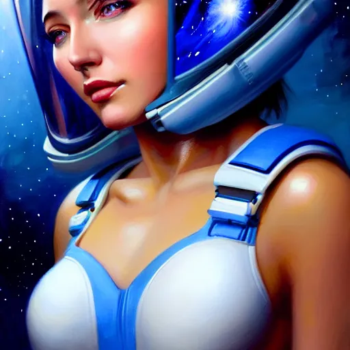 Prompt: a portrait of a very beautiful woman in a spacesuit, Alexandria\'s genesis, shoulder-length blue undercut hair, bored, illustration, soft lighting, soft details, painting oil on canvas by mark arian by artgerm, trending on artstation, 4k, 8k, HD