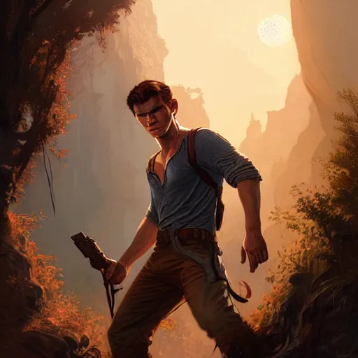 Image similar to Tom Holland as Nathan Drake, western, D&D, fantasy, intricate, elegant, highly detailed, digital painting, artstation, concept art, matte, sharp focus, illustration, art by Artgerm and Greg Rutkowski and Alphonse Mucha