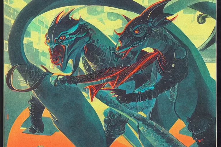 Image similar to 1979 OMNI Magazine Portrait of a dragonborn in neo-tokyo style by Vincent Di Fate. DND character art