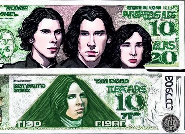 Image similar to reylo kissing, green american dollar bill!!!, rey and kylo ren