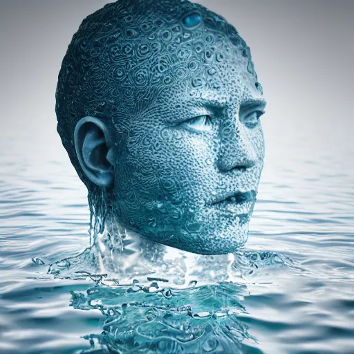 Prompt: a water sculpture in the shape of a human head, on the ocean water, water manipulation, cinematic, in the style of johnson tsang, long shot, hyper detailed, hyper realistic, ray tracing, 8 k resolution, sharp focus, realistic water, award winning