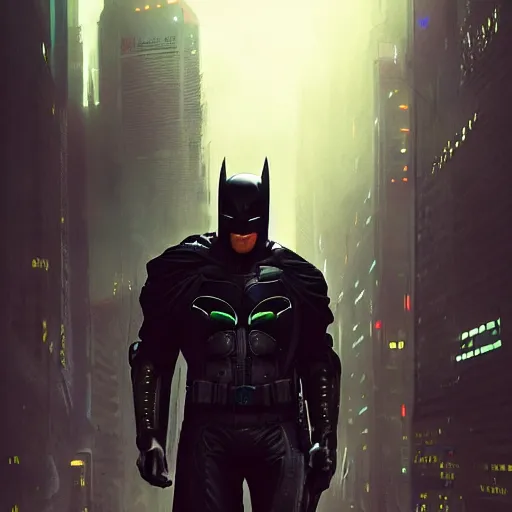 Image similar to cyberpunk batman with fullface mask, wide shot, moody, futuristic, city background, brush strokes, oil painting, greg rutkowski