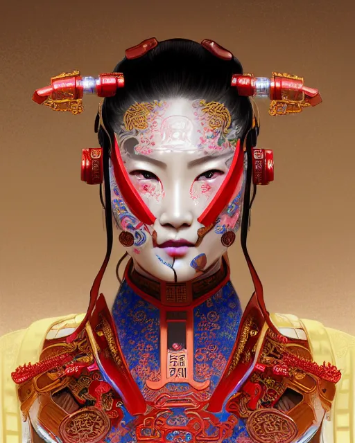 Image similar to portrait of a chinese cyberpunk machine, machine face, arms, upper half portrait, decorated with chinese opera motifs, regal, asian, fine china, wuxia, traditional chinese art intricate intense elegant 京 剧 highly detailed digital painting artstation concept art smooth sharp focus illustration, art by artgerm and greg rutkowski alphonse mucha 8 k