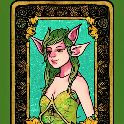 Image similar to a beautiful forest elf in the style of a tarot card with beautiful gilded edges on card