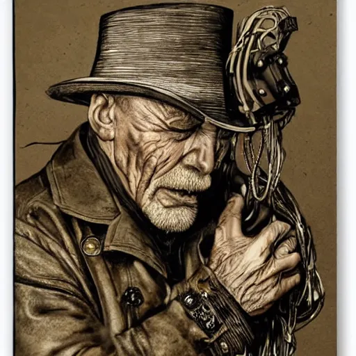 Prompt: Old wrinkled man crying in steampunk outfit, attached to wires. Dark, intricate, highly detailed, smooth, in style of Stanislav Vovchuk