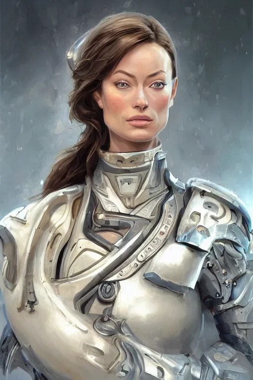 Image similar to a professional painting of a young Olivia Wilde, clothes in military armor, olive skin, long dark hair, beautiful bone structure, symmetrical facial features, intricate, elegant, digital painting, concept art, smooth, sharp focus, illustration, from StarCraft by Ruan Jia and Mandy Jurgens and Artgerm and William-Adolphe Bouguerea