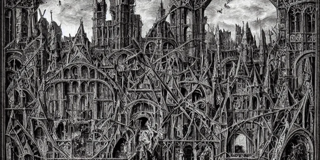 Image similar to demonic gothic megastructure in the style of heironymus bosch, dark intricate masterpiece, hyper detailed, hd