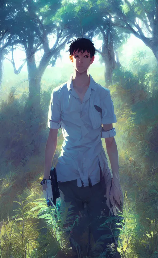 Image similar to a portrait of a male character on an arid forest, vivid colors, soft lighting, atmospheric, cinematic, moody, in the style of ilya kuvshinov and range murata, krenz cushart, rule of thirds, oil on canvas, 8 k