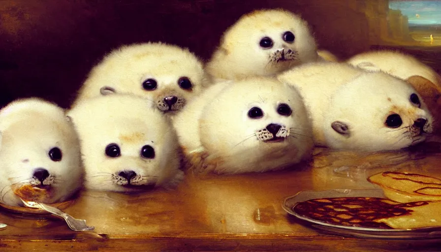 Image similar to highly detailed painting of cute furry white baby seals in a large pile of many pancakes on a table by william turner, by greg rutkowski, by william constable, thick brush strokes and visible paint layers, 4 k resolution