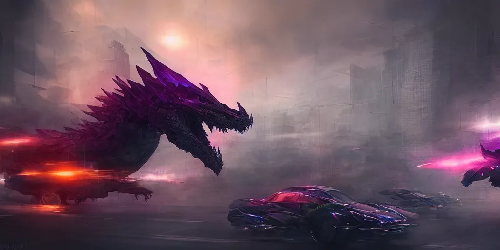 Image similar to muted colorful smoke made into crystal clear misty shapes of racing dragons, fast energy, tense, futuristic city backdrop, cgsociety, HDR