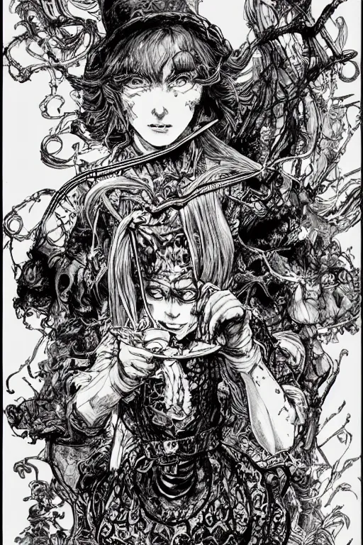 Image similar to Angry Alice in wonderland tarot card , pen and ink, intricate line drawings, by Yoshitaka Amano, Ruan Jia, Kentaro Miura, Artgerm, watercolor