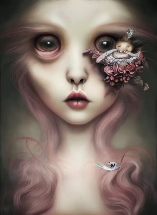 Image similar to pop surrealism, lowbrow art, realistic cute girl painting, japanese street fashion, hyper realism, muted colours, rococo, natalie shau, loreta lux, tom bagshaw, mark ryden, trevor brown style,