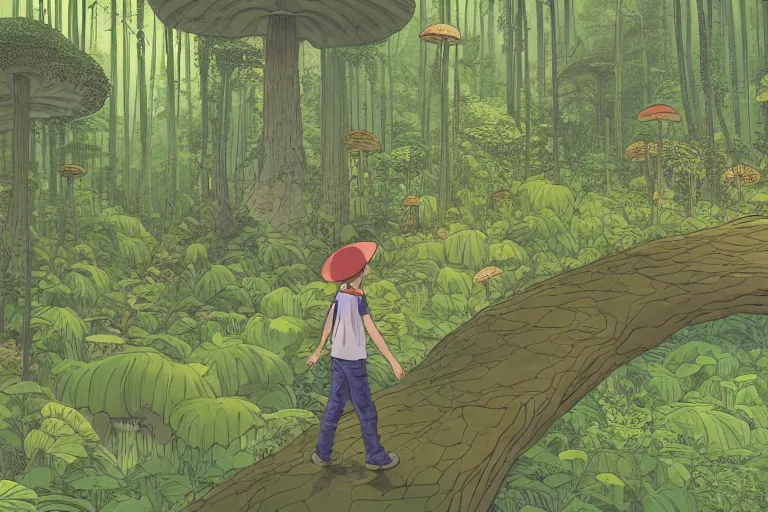 Prompt: insane perspective down view of a young adventurer boy with a hat on a large open path entering a vast paradise jungle with a distant clearing, giant mushrooms, large white birds flying, exotic vegetation, large rocks with thick moss, large jungle flowers, huge suspended wooden bridge, very graphic illustration by moebius and victo ngai, ghibli spirited away vibe, dynamic lighting, early morning mood