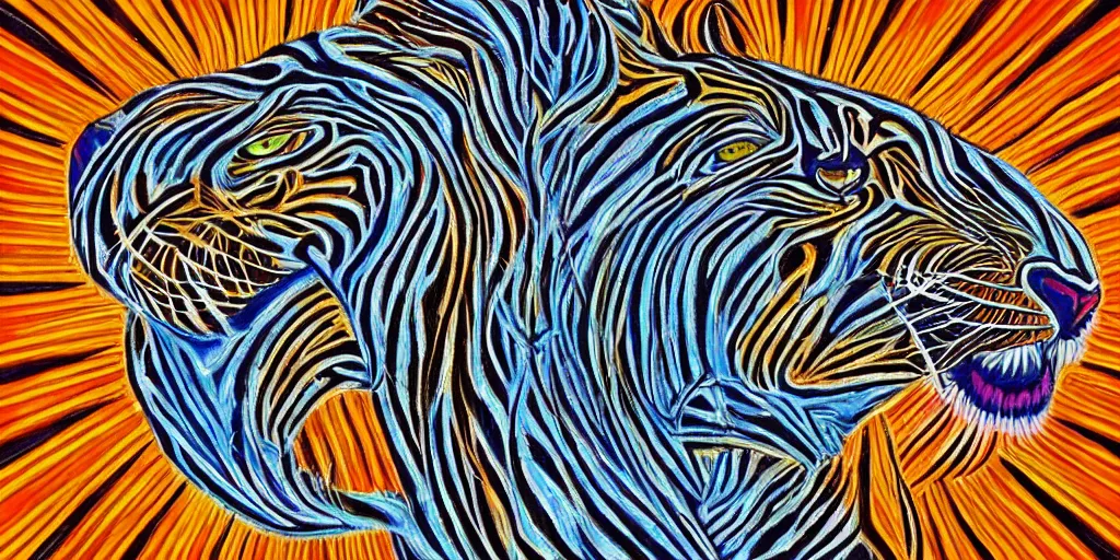 Prompt: alex grey art patterns on a tiger head