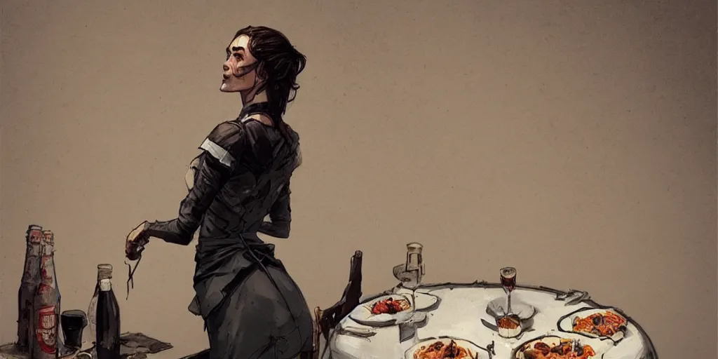 Prompt: cartoonish keira knightley eating dinner, character sheet, fine details, concept design, contrast, kim jung gi, greg rutkowski, trending on artstation, 8 k, full body, turnaround, front view, back view, ultra wide angle