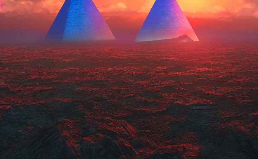 Prompt: A giant Hologram Space pyramid looms over the horizon, rendered by Beeple, by Makoto Shinkai, synthwave style, environment concept, digital art, unreal engine, WLOP, trending on artstation, 4K UHD image,