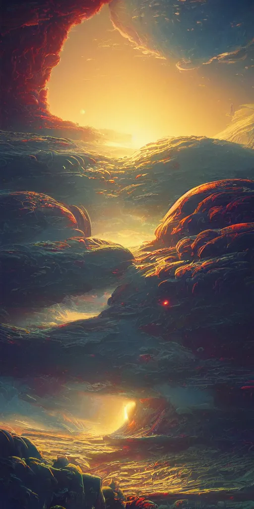 Image similar to terraforming, a highly detailed cinematic oil painting by roger dean and alena aenami, crashed spaceship!!, dynamic lighting