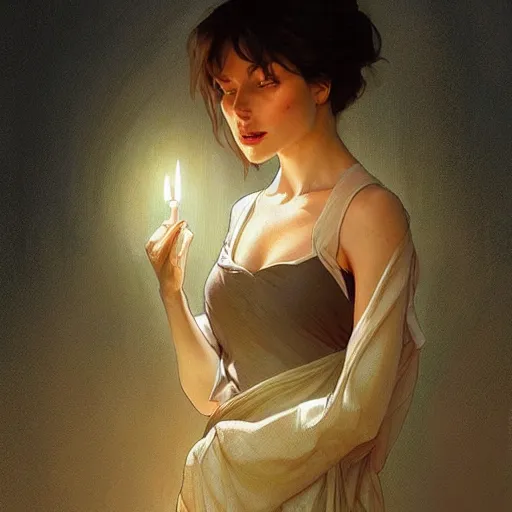 Image similar to very beatiful girl close to a candle in dark room, dramatic light, highly detailed, digital painting, artstation, concept art, sharp focus, illustration, art by artgerm and greg rutkowski and alphonse mucha