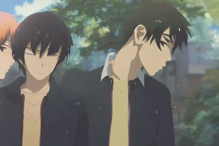 Image similar to Two anime handsome guys, Makoto Shinkai, rainy day