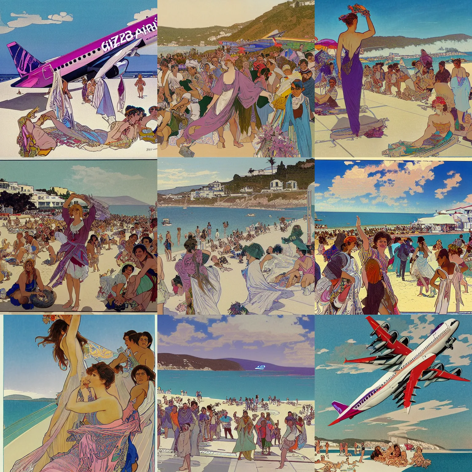Prompt: an illustration of wizzair airbus a 3 2 1 neo landing at skiathos airport, low over the heads of the people on the beach, highly detailed, art by by alphonse mucha