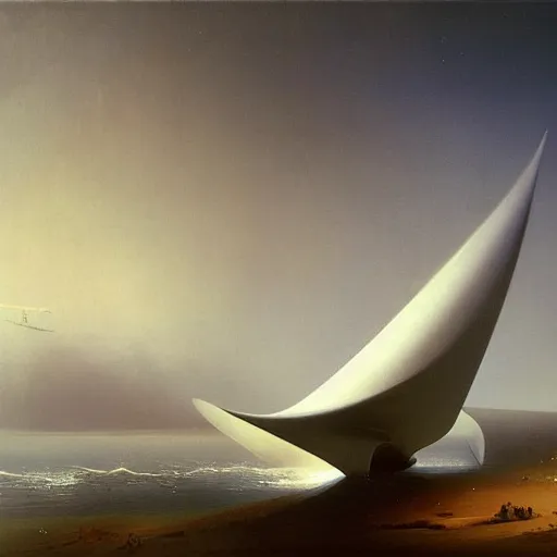 Image similar to minimalist futuristic zaha hadid spaceship painting by ivan aivazovsky