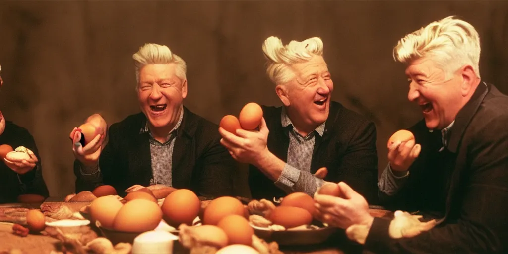 Prompt: film still of old men laughing!!!! sitting at a round table holding eggs and chickens in their hands, directed by david lynch, backlighting