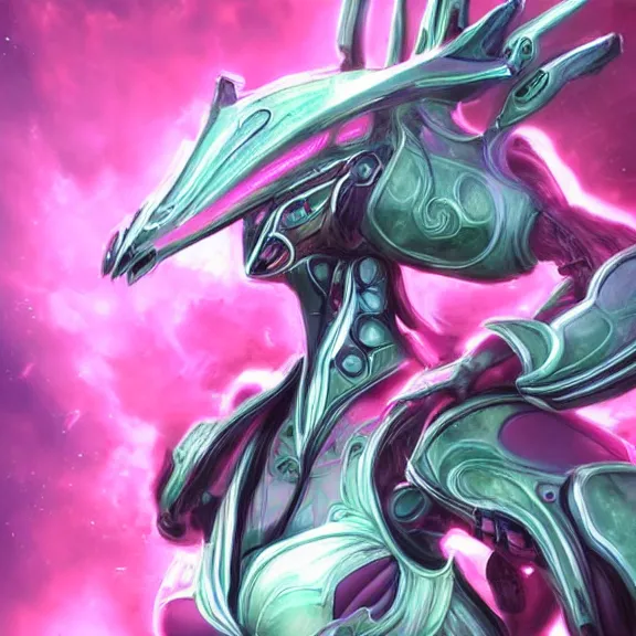 Image similar to highly detailed exquisite fanart, of a beautiful female warframe, but as an anthropomorphic robot dragon, sitting regally on a soft green sofa, with robot dragon head, shining reflective off-white plated armor, bright Fuchsia skin, full body shot, epic cinematic shot, realistic, professional digital art, high end digital art, DeviantArt, artstation, Furaffinity, 8k HD render, epic lighting, depth of field