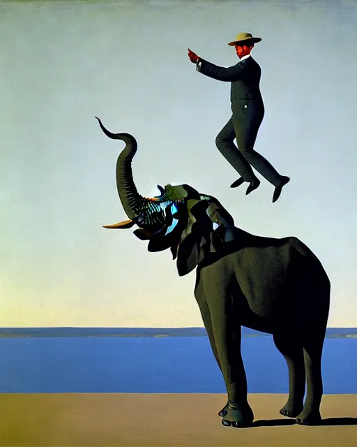 Image similar to portrait of adam ondra riding an elephant by magritte