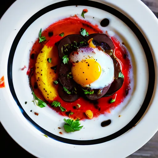 Prompt: “Black pudding ceviche in leche de tigre, roasted tomatoes, fried egg, chili oil, Michelin starred restaurant, award winning photography, 40mm, f4”