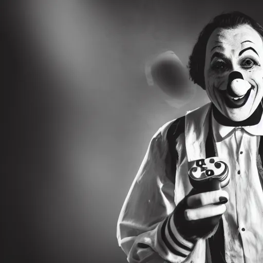 Image similar to an old black & white 5 0 mm close up portrait of a man dressed up as a clown holding a playstation controller in a dark foggy alley