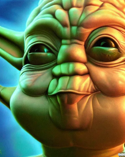 Image similar to portrait ultra dimensional baby yoda tripping on dmt, psychedelic experience, overwhelming self realization and awakening, ultra high definition, unreal engine 5, hyperrealism, masterpiece composition, surrealism by alex grey, salvador dali 8 k photorealistic