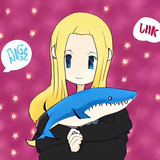 Prompt: a blonde girl in a black hoodie holding a blue-shark-stuffed-animal, anime style digital art