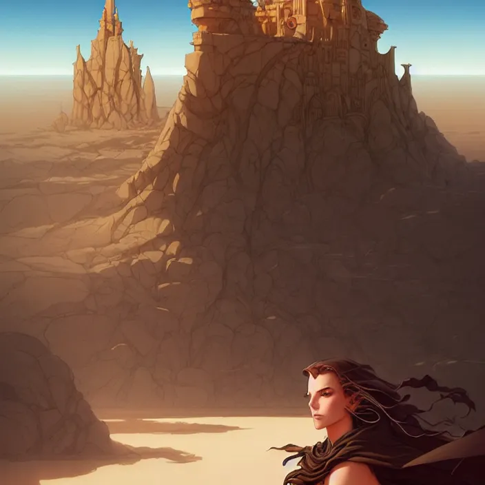 Prompt: style artgerm, joshua middleton, gerald brom, a giant brown stone castle in the desert, very long spires, sand swirling, detailed, ocean background setting, volumetric lighting