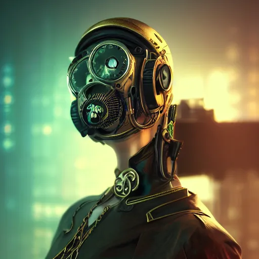 Image similar to portrait of an cyber artist, steampunk, high detail, beautiful light, depth of field, sharp focus, clean design, 4 k, octane render