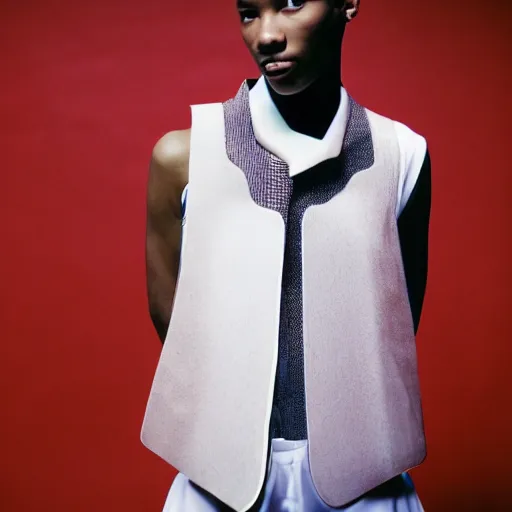 Image similar to realistic photoshooting for a new issey miyake lookbook, color film photography, portrait of a beautiful woman, model is wearing techtical vest, photo in style of tyler mitchell, 3 5 mm,