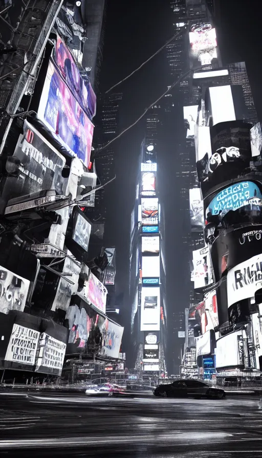 Image similar to 8k high resolution photograph of cyber punk New York Times Square on a foggy night, futuristic, wires hanging across the street, flying cars