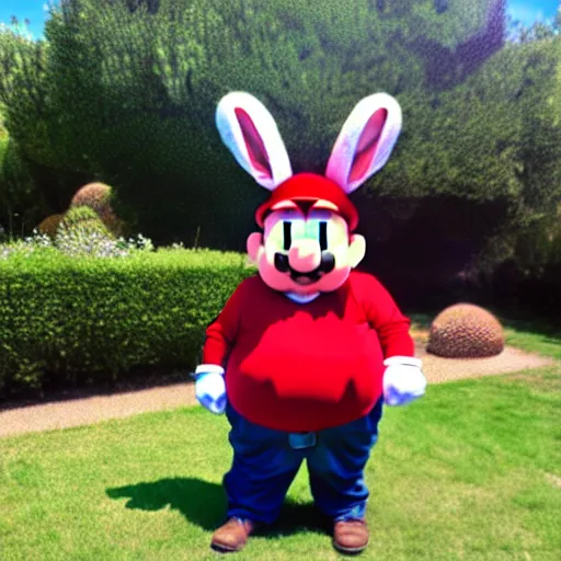 Image similar to real life big chungus dressed like mario, super mario with bunny ears, big chungus, fat bugs bunny, high resolution photo