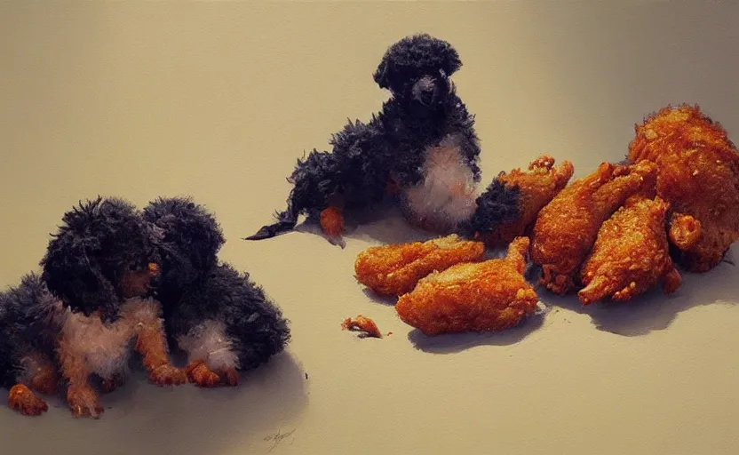 Prompt: a painting of forbidden fried chicken trending on artstation in the style of greg rutkowski, fried, chicken, kfc, puppies, dog, golden doodle