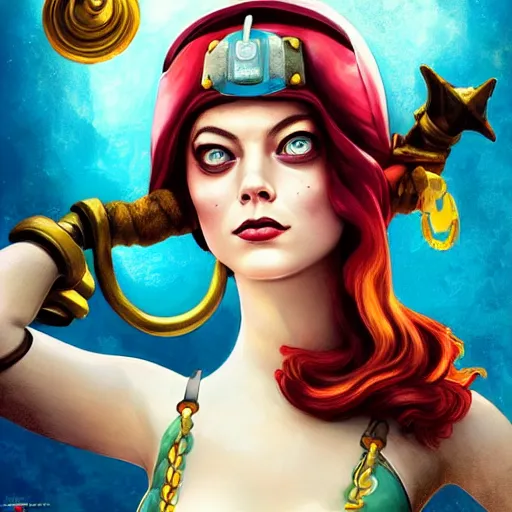 Prompt: underwater bioshock pirate captain portrait of emma stone, pixar style, by tristan eaton stanley artgerm and tom bagshaw.