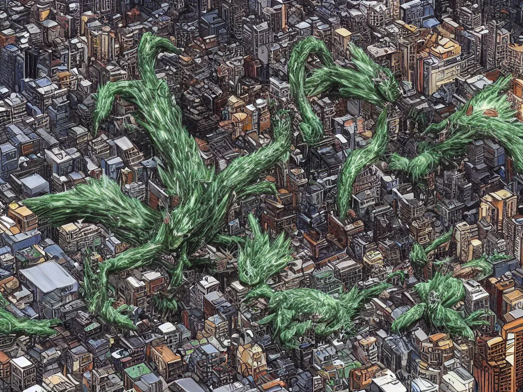 Image similar to Heisei era Biollante kaiju destroying a city